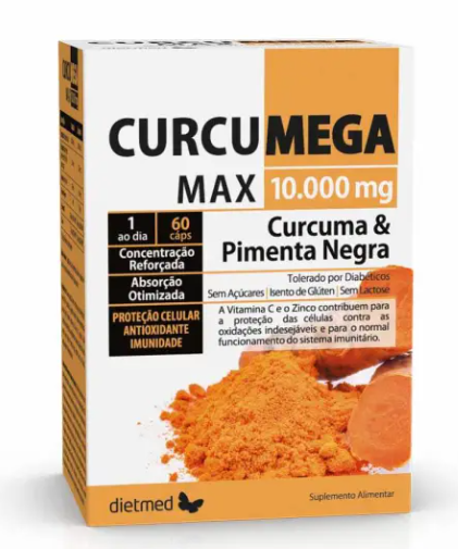 curcumega 60 Cúrcumax Complex 10.000 mg Dietmed con cúrcuma, curcumina, pimienta negra, vitamina C y zinc en 60 cápsulas.