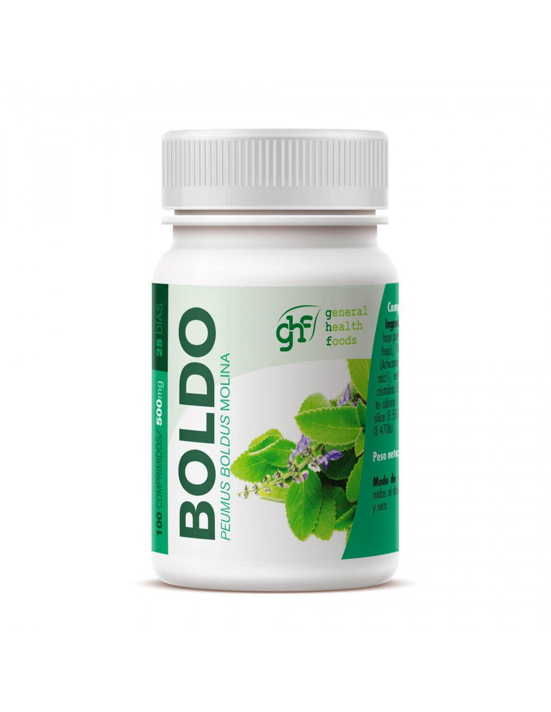 ghf-boldo-500mg-100-capsulas Boldo 500 mg GHF 100 comprimidos elaborado con hoja de boldo en formato de complemento alimenticio.